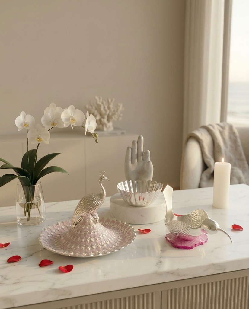 Marble tabletop displaying decorative silver peacock and bird sculptures, a white orchid in a glass vase, a lit candle, scattered red rose petals, and a sculpture of a hand.