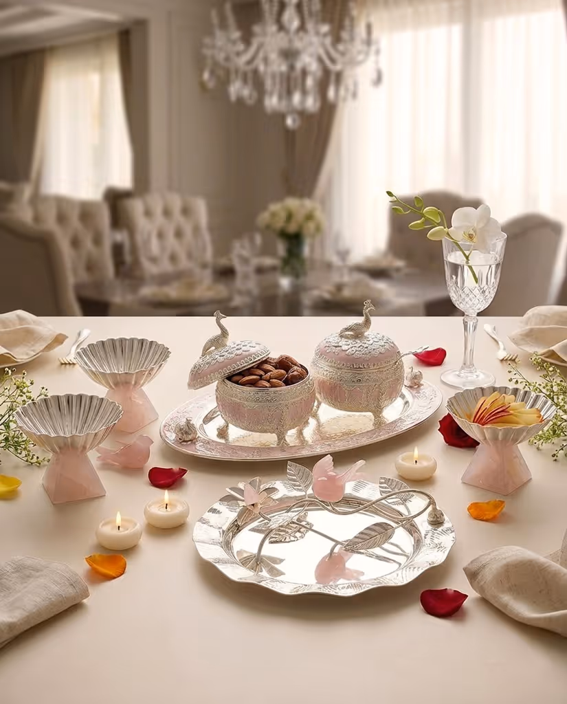 Elegant table setting with silver and pink decorative serveware, including covered bowls with nuts, a tray, floral napkin rings, tea candles, rose petals, and a glass with a white orchid.