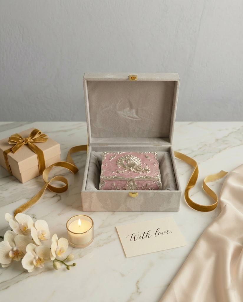 Opened velvet box with pink ornate jewelry box inside, a small gift box with golden ribbon, white orchid flowers, a lit candle, and a card reading 'With love' on a marble surface.