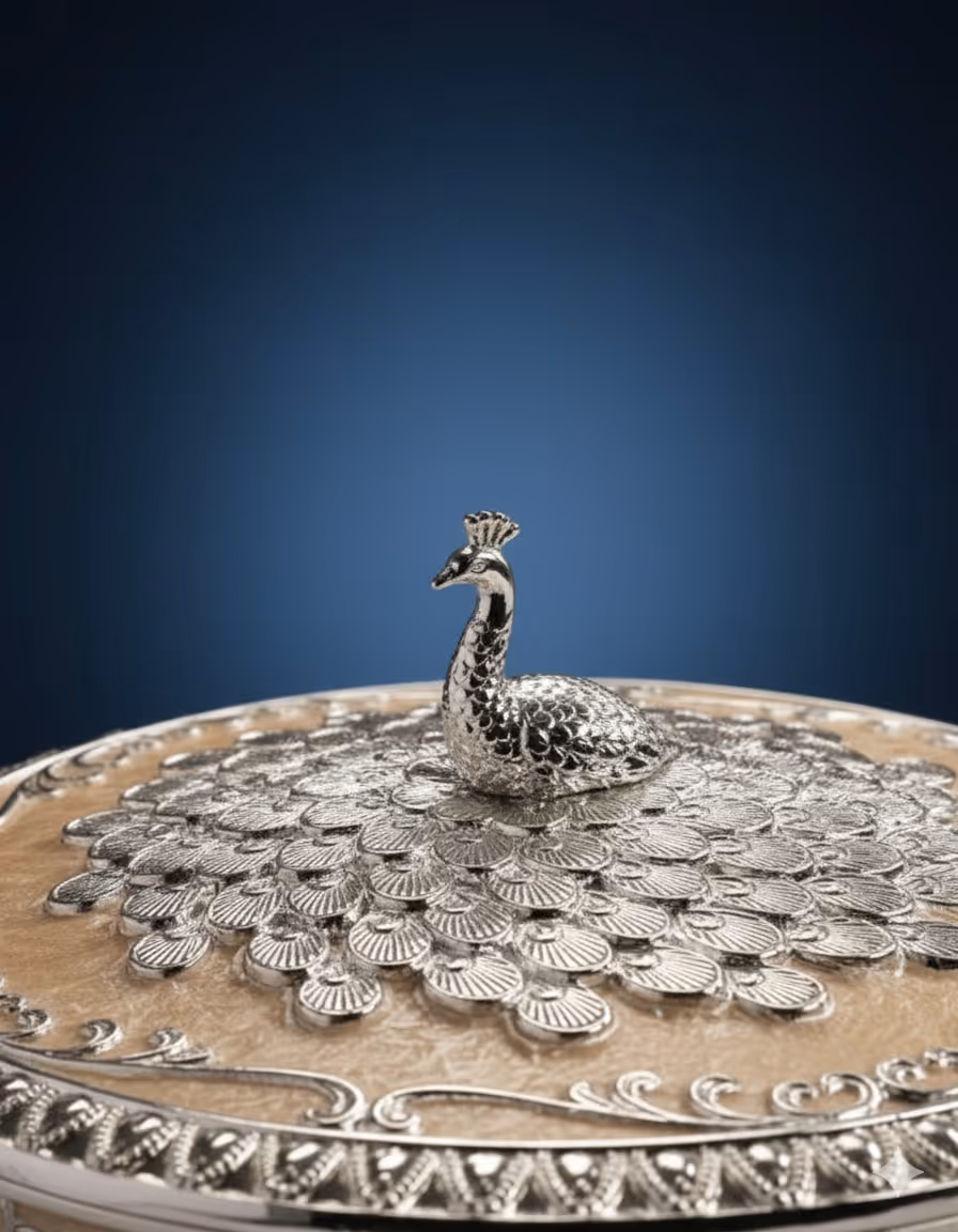 Peacock Round Box – handcrafted round silver box with peacock design