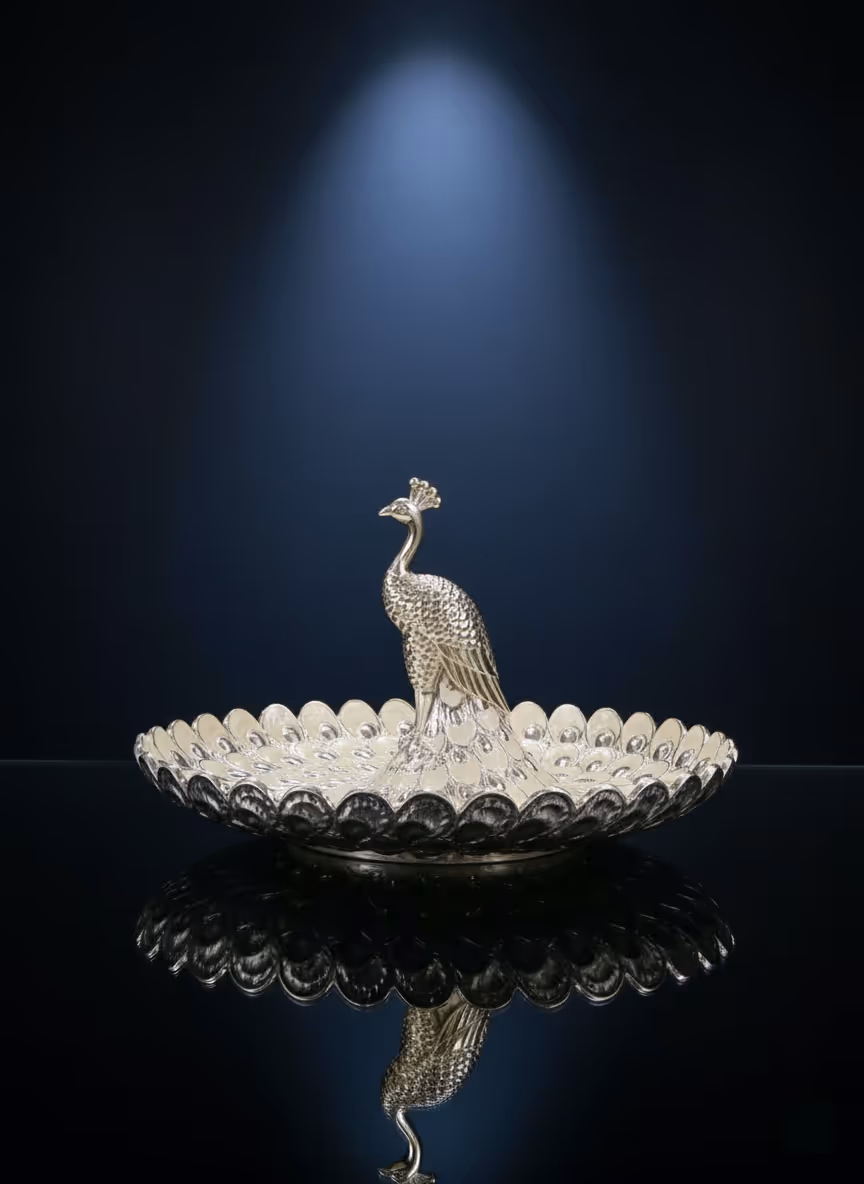 Peacock Platter – luxury silver serving and decorative peacock platter