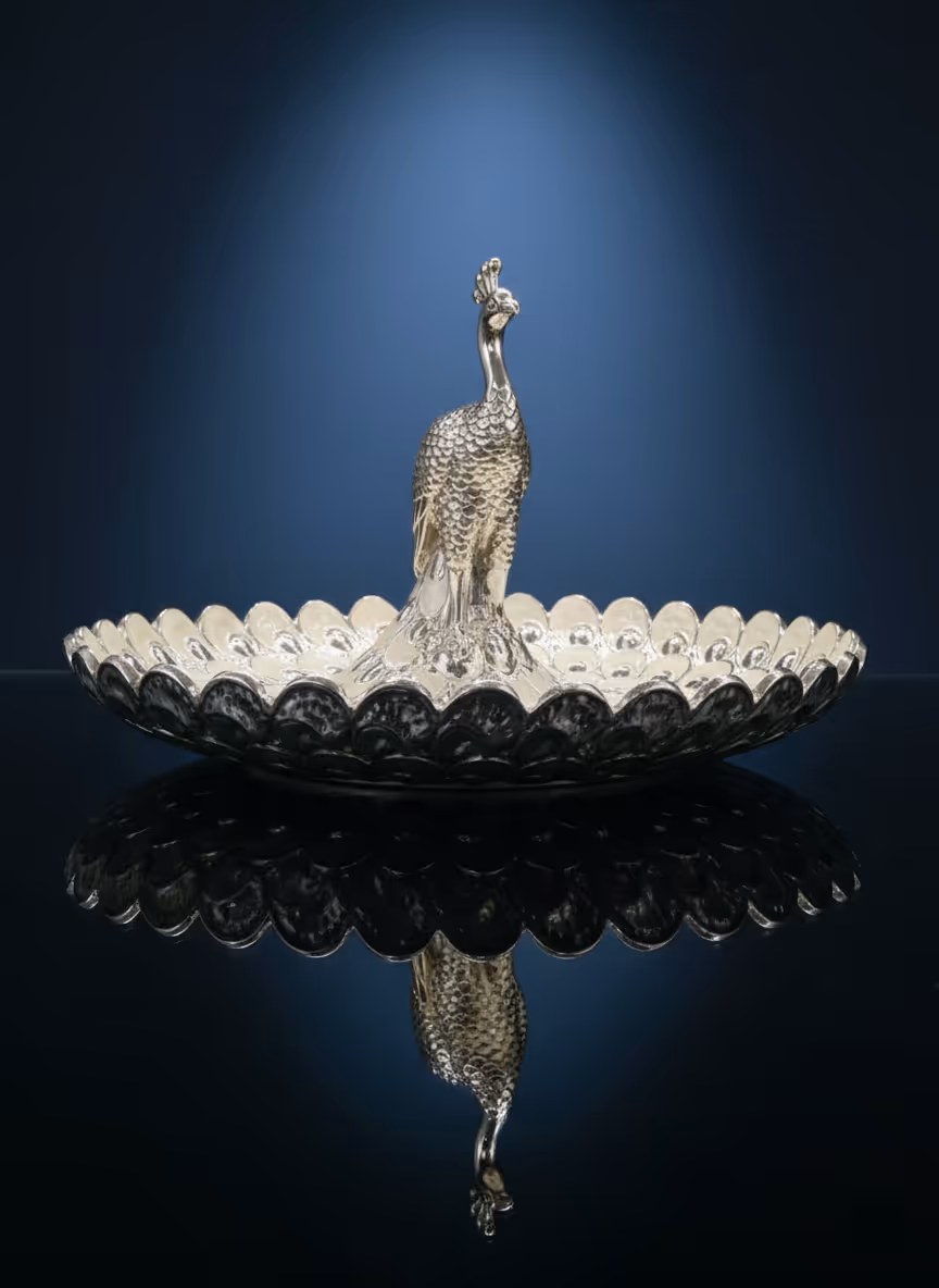 Peacock Platter – luxury silver serving and decorative peacock platter