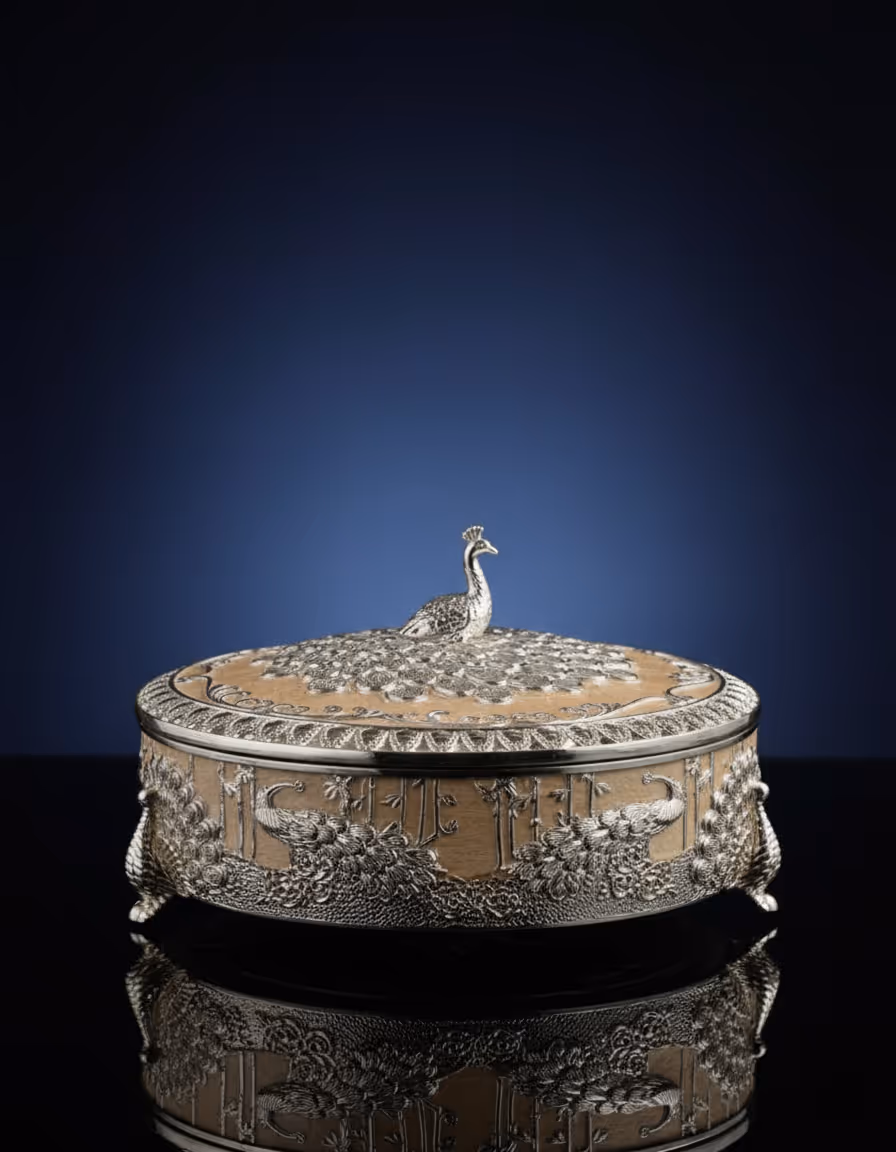 Peacock Round Box – handcrafted round silver box with peacock design