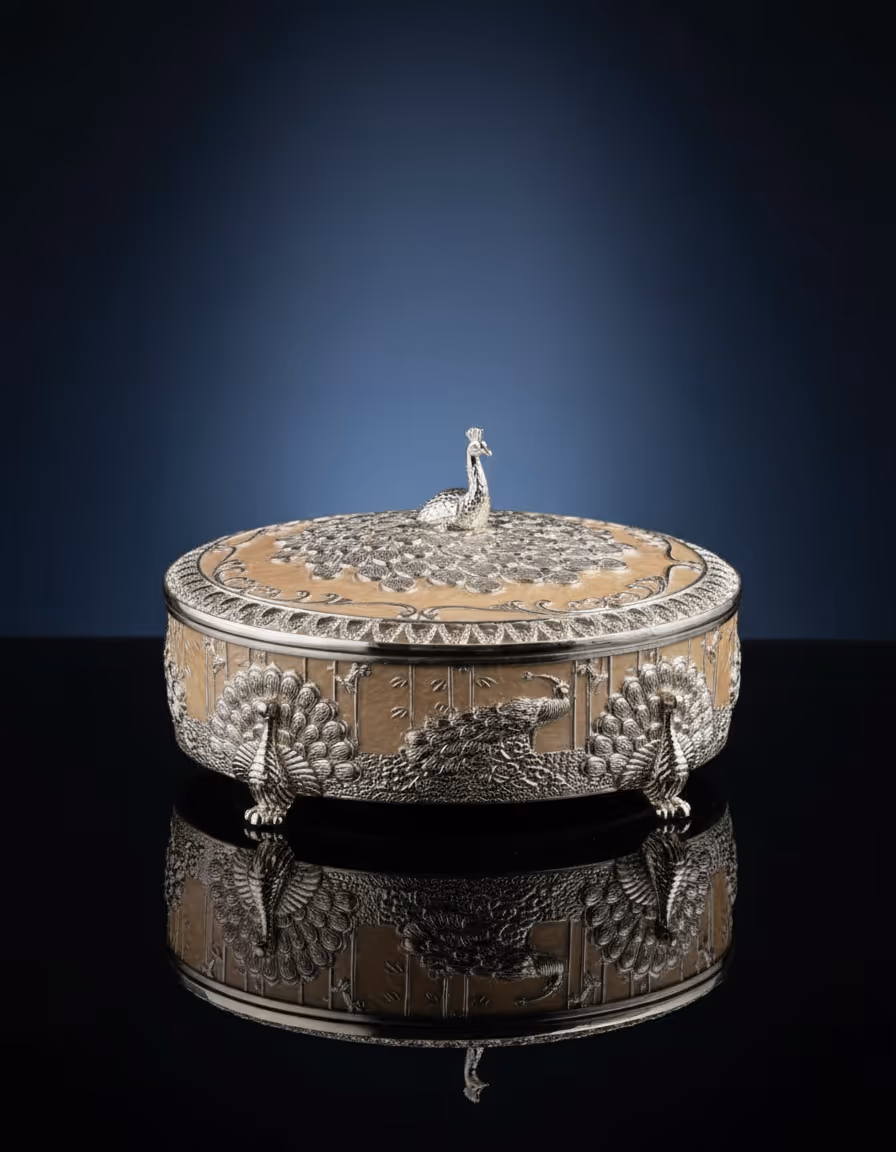 Peacock Round Box – handcrafted round silver box with peacock design
