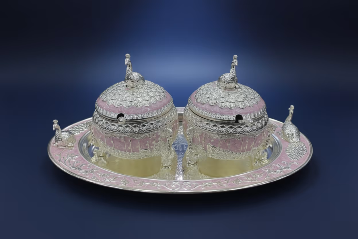 2 Peacock Pot Set with Tray – handcrafted silver peacock pot with tray