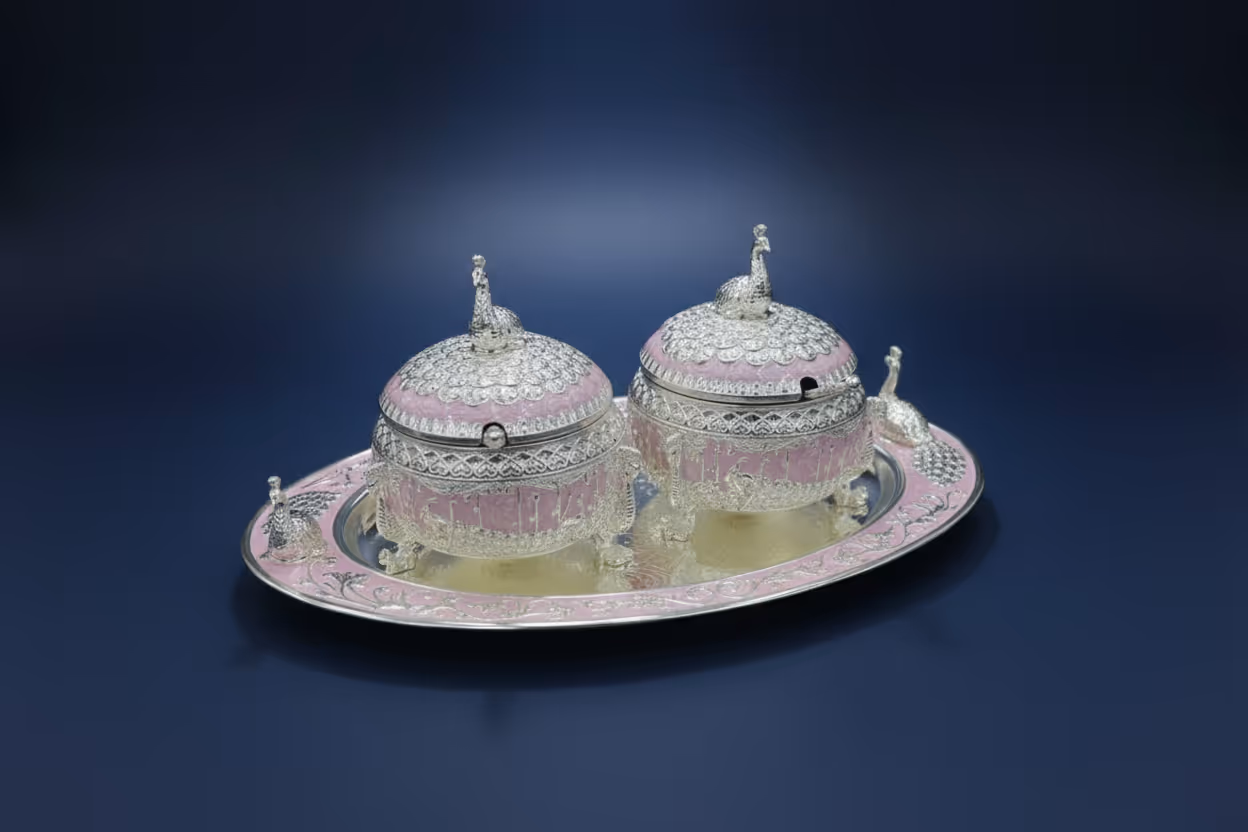2 Peacock Pot Set with Tray – handcrafted silver peacock pot with tray