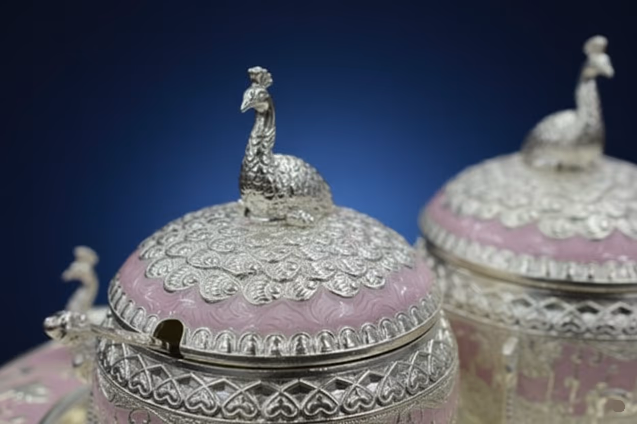 2 Peacock Pot Set with Tray – handcrafted silver peacock pot with tray