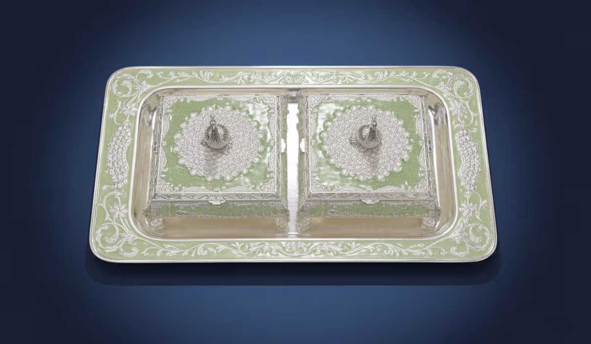 2 Peacock Square Box Set with Tray – luxury silver box and tray gift set