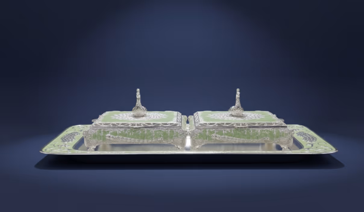 2 Peacock Square Box Set with Tray – luxury silver box and tray gift set