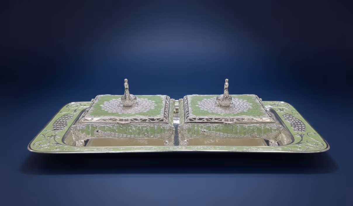 2 Peacock Square Box Set with Tray – luxury silver box and tray gift set