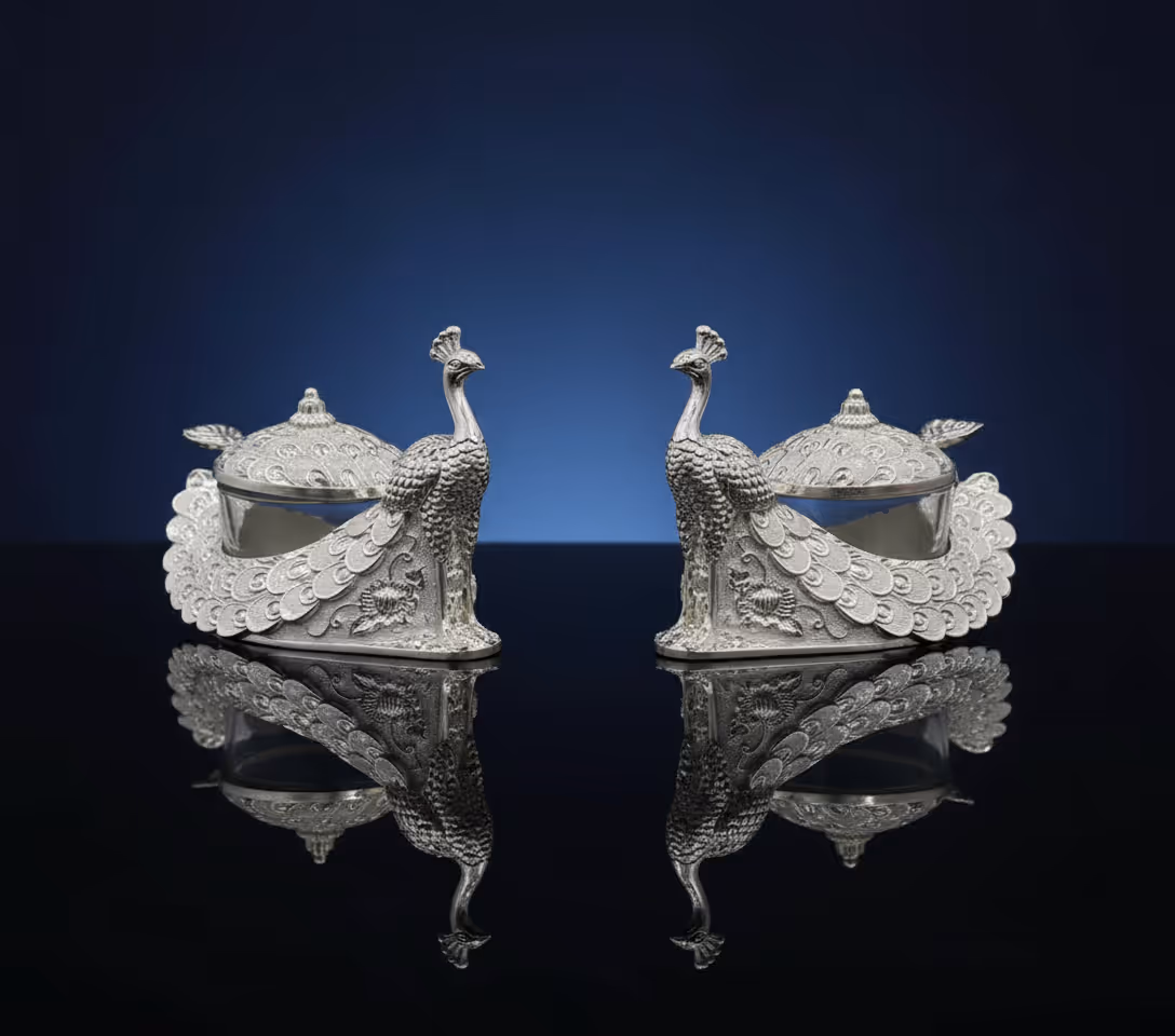 2 Peacock Feather Pot Gift Set – enamel silver peacock feather pot set