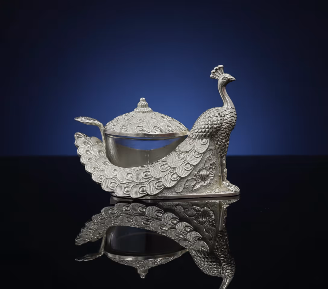 2 Peacock Feather Pot Gift Set – enamel silver peacock feather pot set