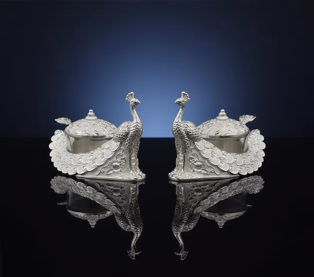 2 Peacock Feather Pot Gift Set – enamel silver peacock feather pot set