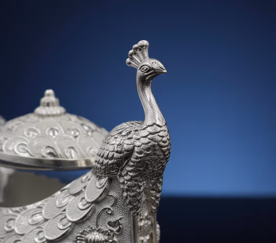 2 Peacock Feather Pot Gift Set – enamel silver peacock feather pot set