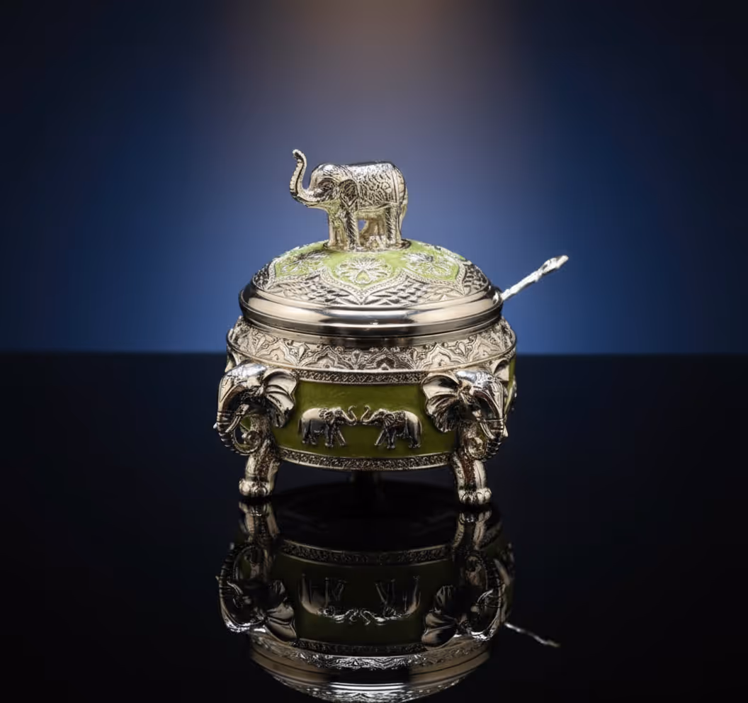 Elephant Multipurpose Pot with Spoon – silver elephant motif pot with spoon