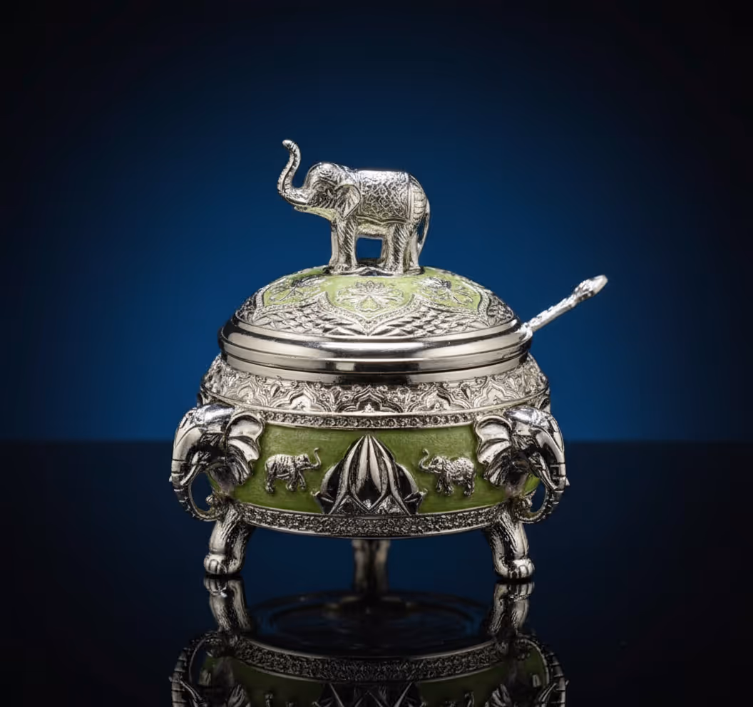 Elephant Multipurpose Pot with Spoon – silver elephant motif pot with spoon