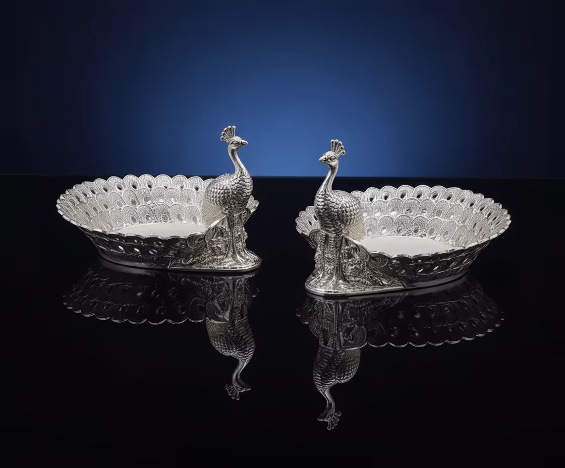 2 Peacock Platter Gift Set – enamel silver platter gift set in velvet box