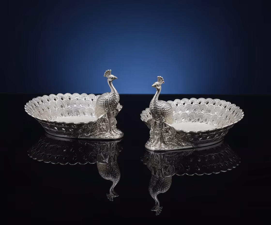 2 Peacock Platter Gift Set – enamel silver platter gift set in velvet box