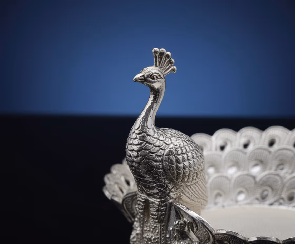 2 Peacock Platter Gift Set – enamel silver platter gift set in velvet box