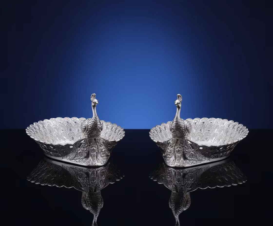 2 Peacock Platter Gift Set – enamel silver platter gift set in velvet box