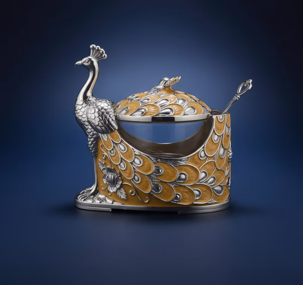Peacock Wing Multipurpose Pot with Spoon – silver pot with peacock wing design