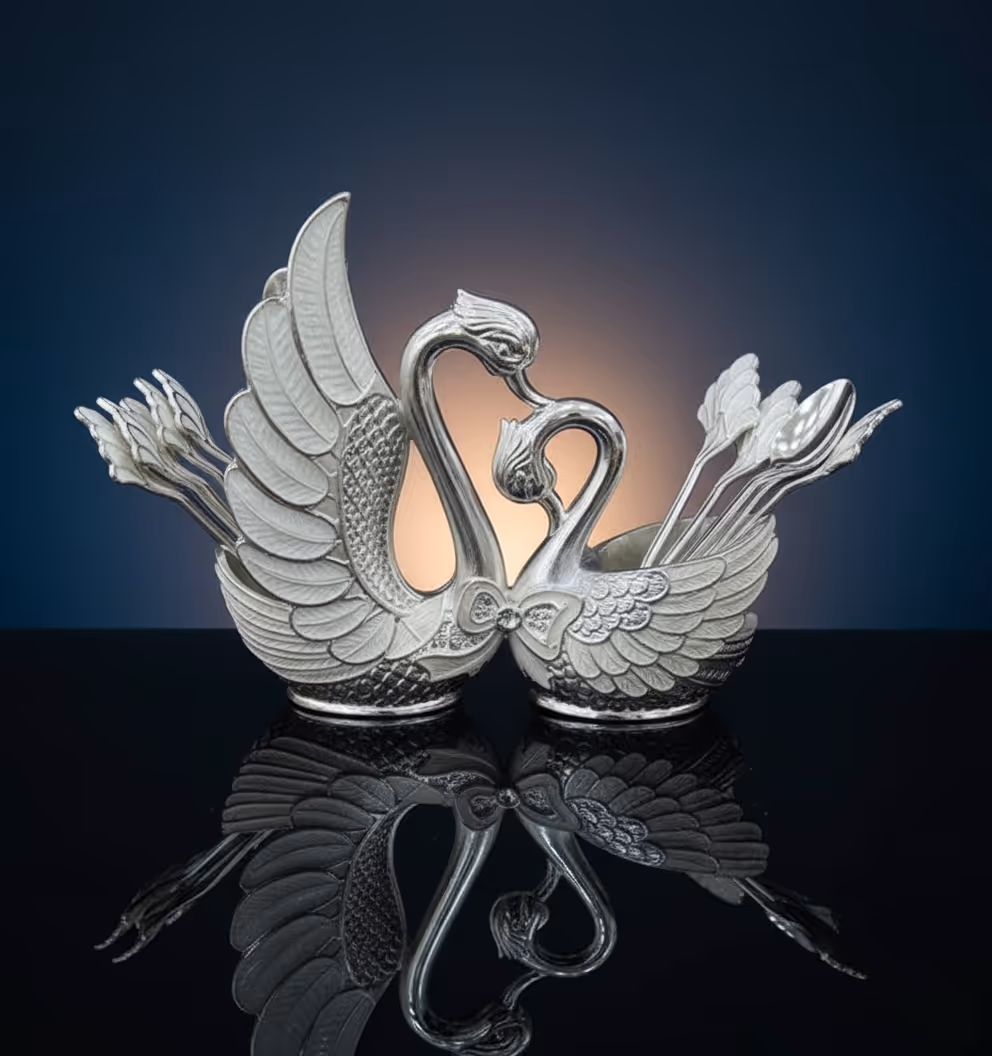 Swan Cutlery Holder with Spoons and Forks – luxury silver cutlery stand set