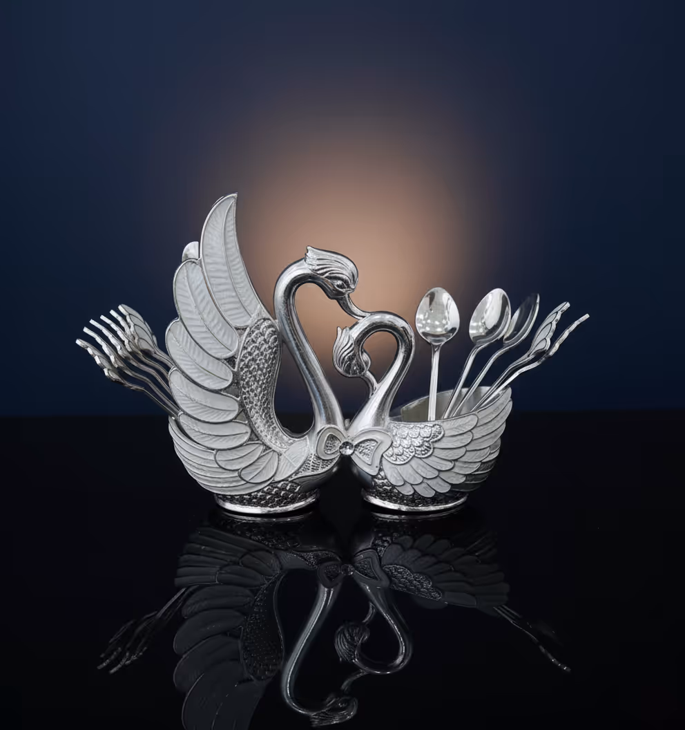 Swan Cutlery Holder with Spoons and Forks – luxury silver cutlery stand set