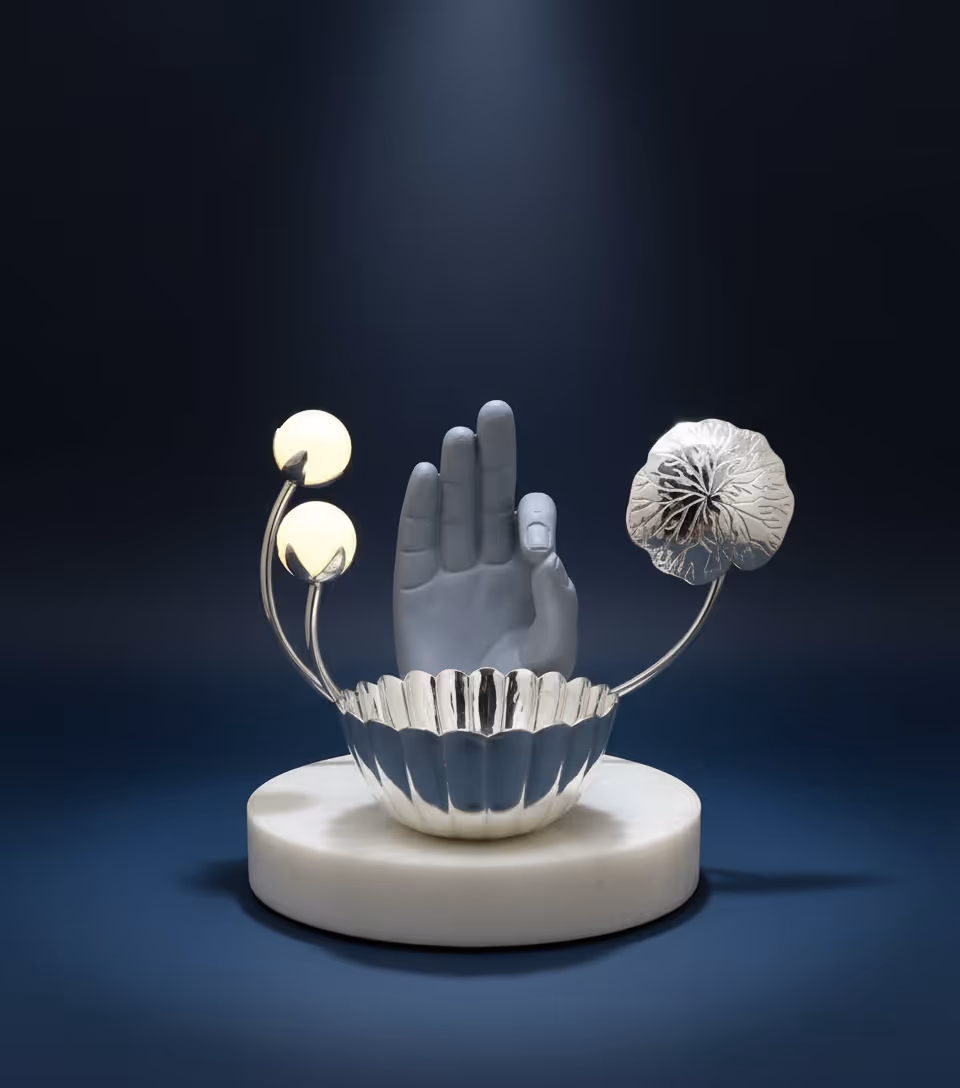 Ashirwad Bowl On Marble Base – symbolic silver bowl with blessing hand design 