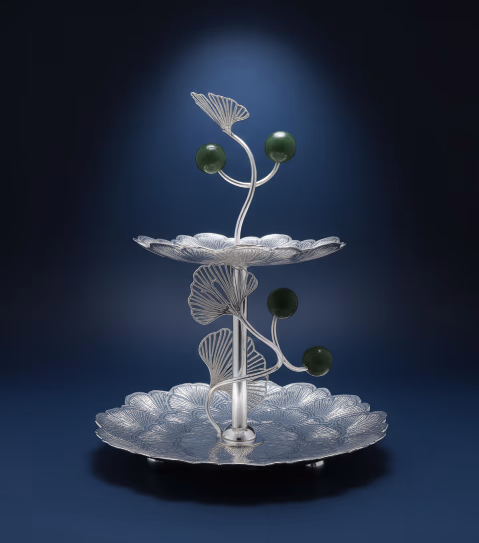 Ginkgo Two Tier Platter Small – designer silver two-tier serving platter