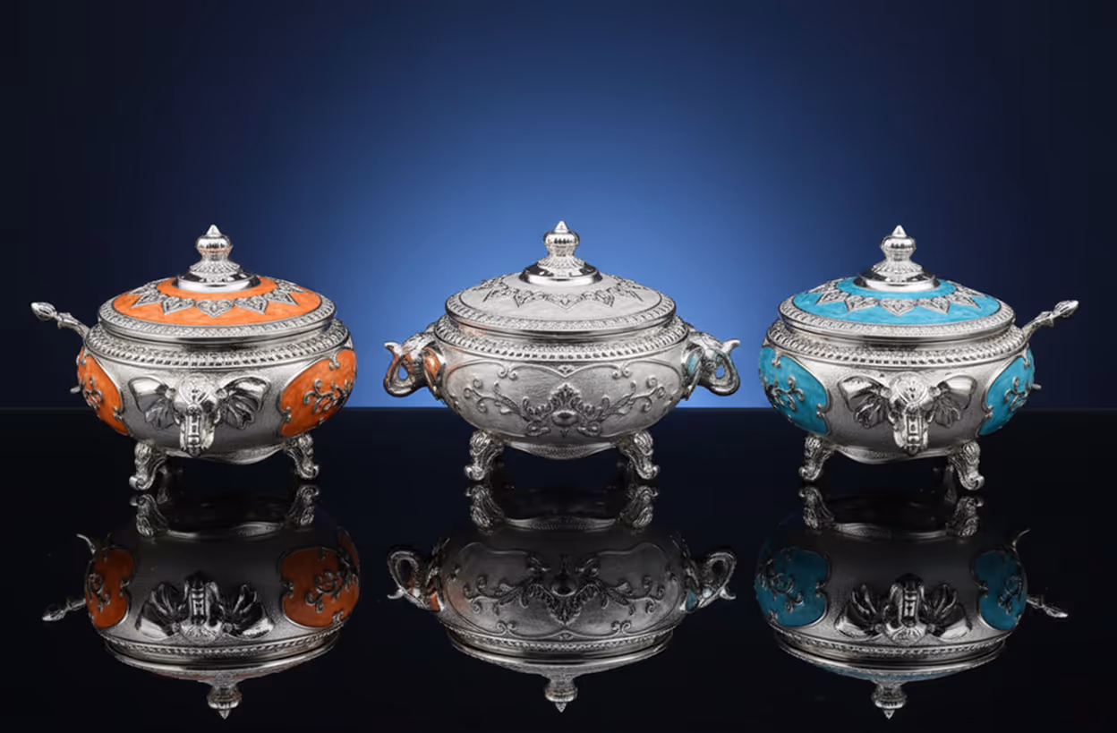 Servewares – premium silver serveware including platters, trays, dinner sets, and dessert spoons