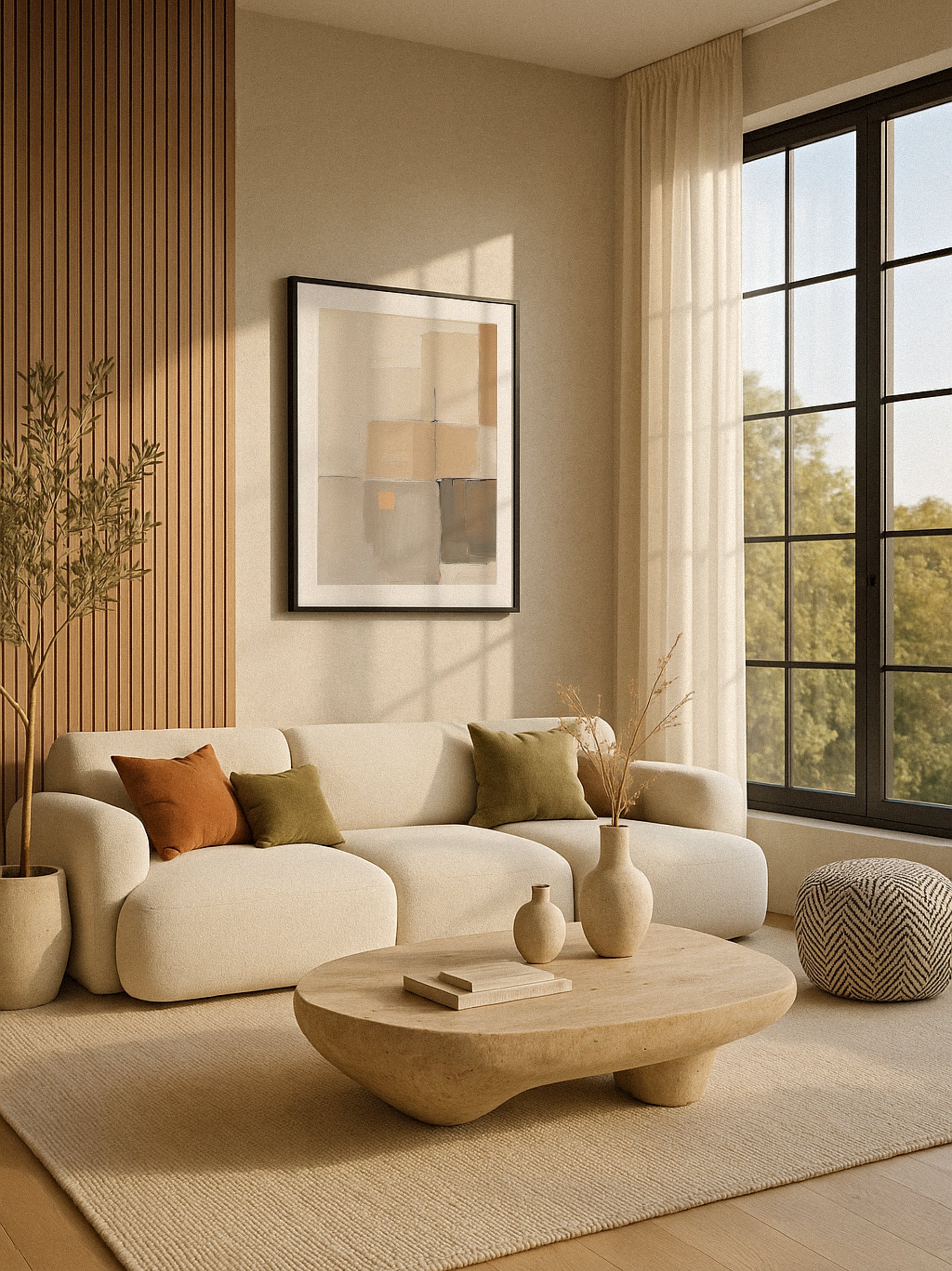 Japandi Minimal Interior Living Room at Golden Hour Sunlight.