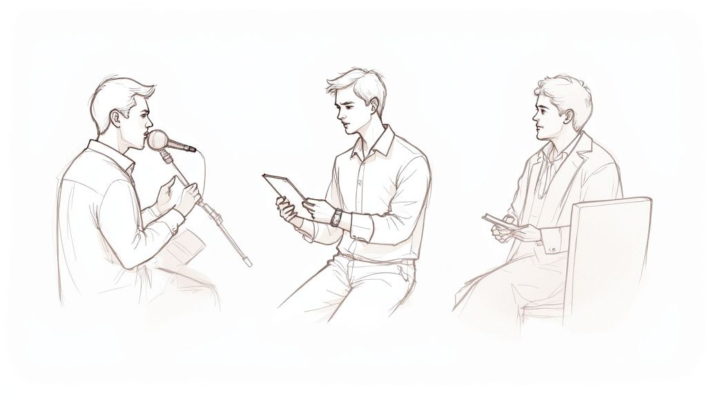 A diverse group of professionals—a journalist, a doctor, and an educator—working with digital transcripts on their devices.