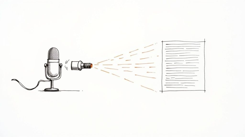An abstract image showing soundwaves being converted into digital text, representing AI transcription.