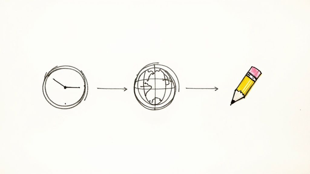 A person at a desk using a laptop with icons representing key software features like speaker identification, timestamps, and language support.