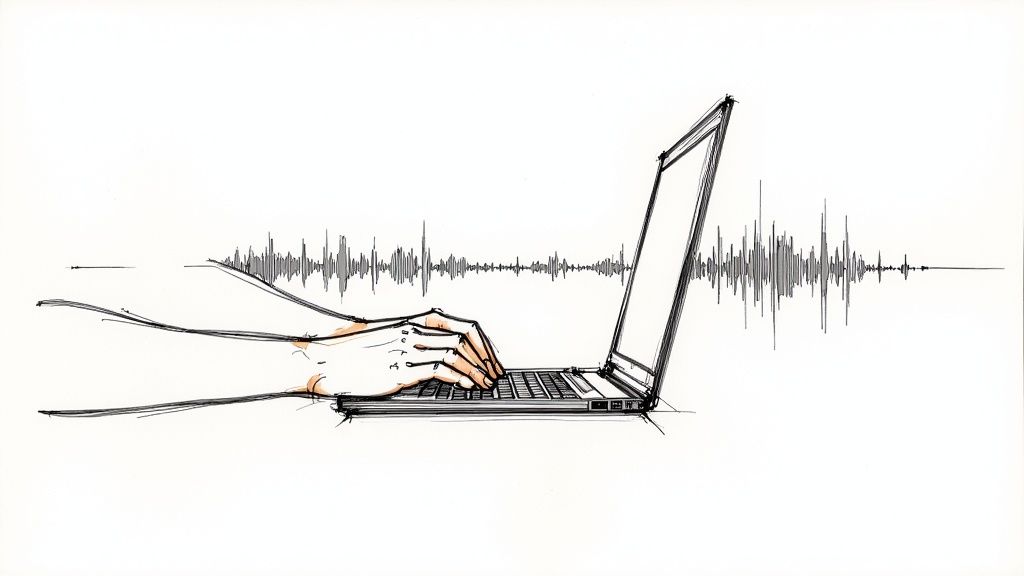 A person editing a document on a laptop screen, with headphones on, indicating transcript refinement.
