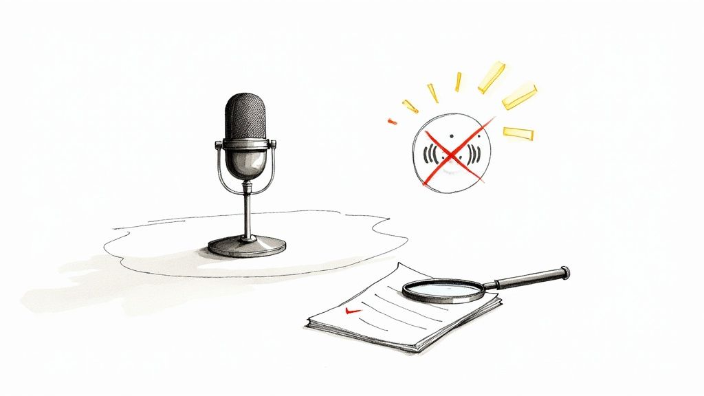 A person adjusting a high-quality microphone in a quiet room, with soft lighting and sound-absorbing foam panels in the background.