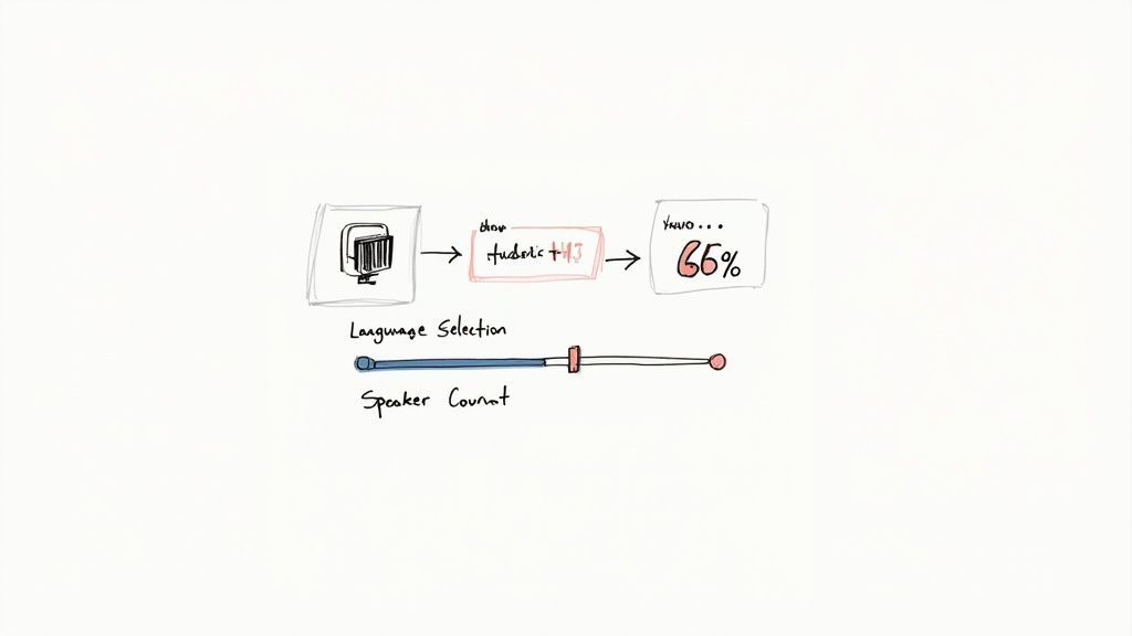 Screenshot of an AI tool's upload process, showing options for file selection, language, and speaker count.