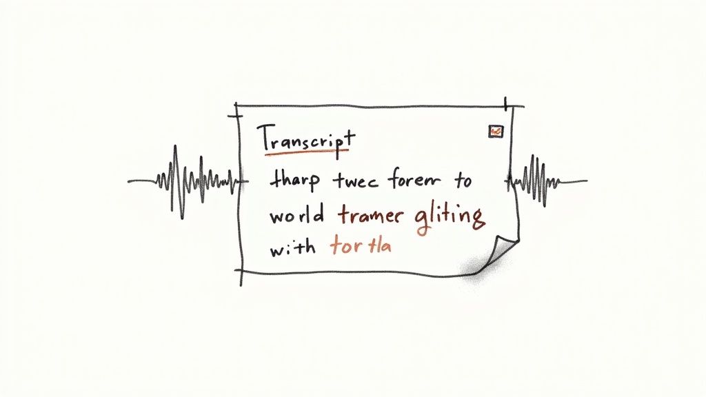 An interactive transcription editor showing text on the left and an audio waveform on the right, with a cursor indicating a specific word being played.