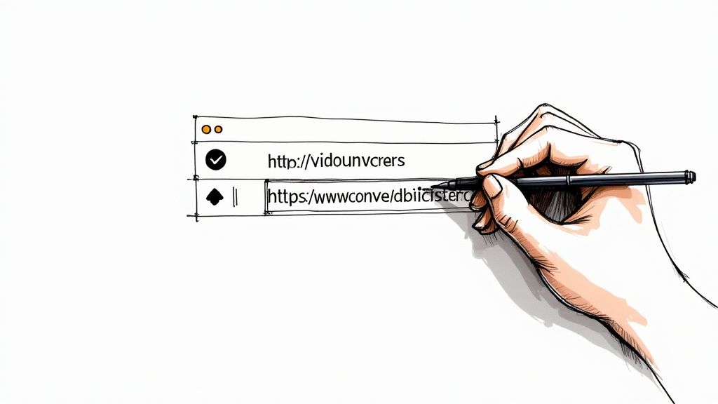 A stylized graphic showing the process of converting a YouTube video link into a text document.