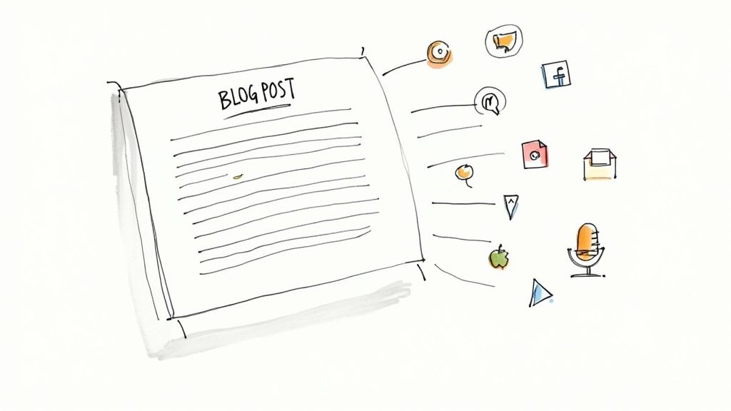A collage of different content formats like a blog post, social media graphic, and podcast icon, all originating from a central text document.