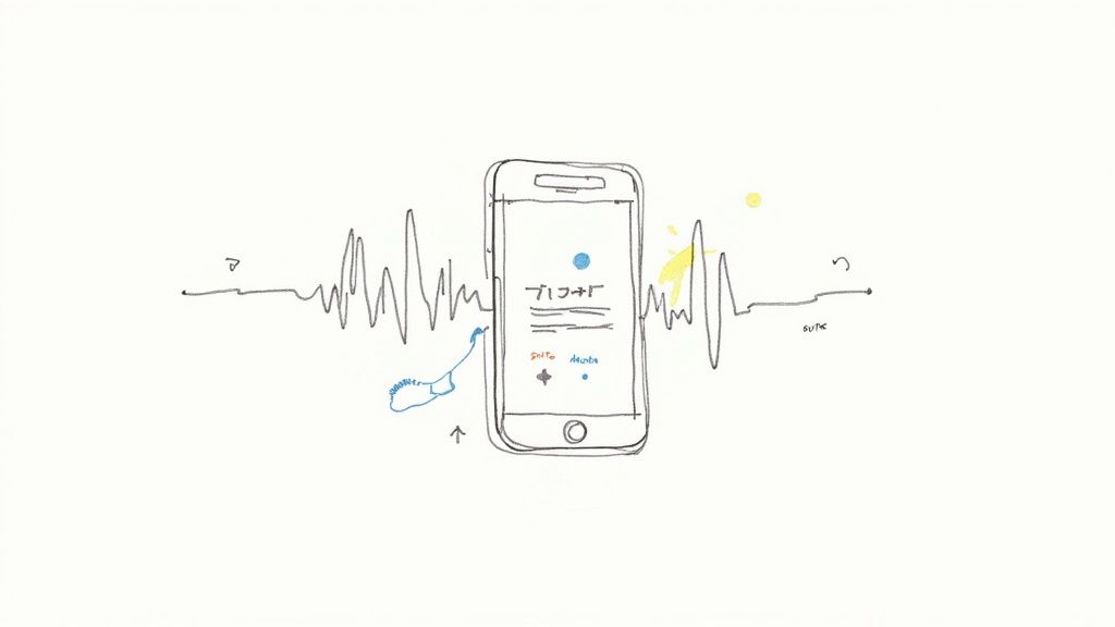 A person looking at a smartphone screen displaying transcribed text from a voice message