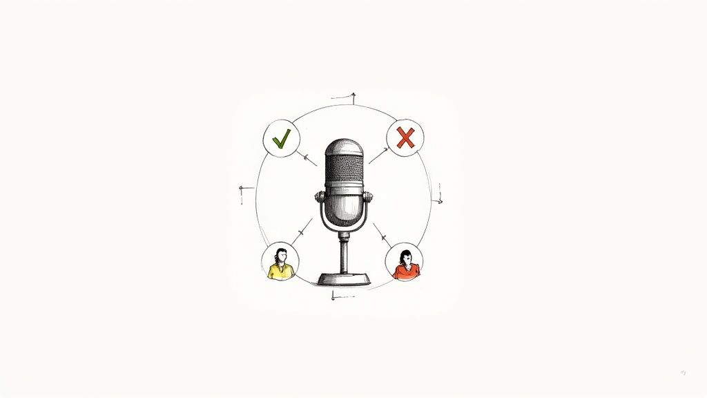 A person at a desk with a high-quality microphone, speaking clearly to ensure a good audio recording.