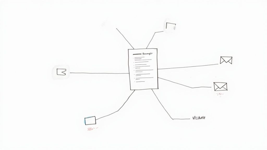 A person working on a laptop with a video and text document side-by-side, symbolizing content repurposing.