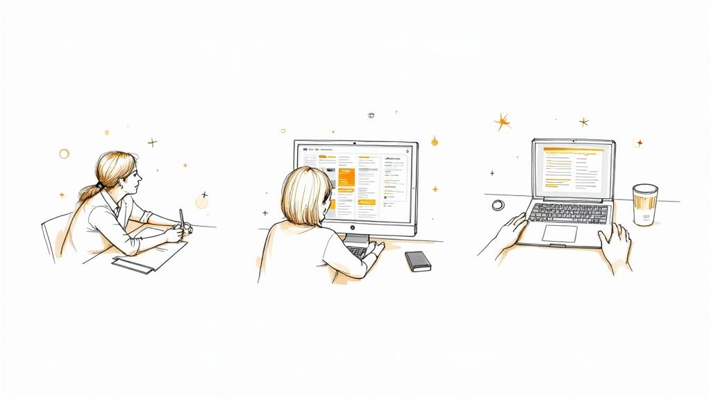 A person working on a laptop in a modern, well-lit office, looking focused and productive.