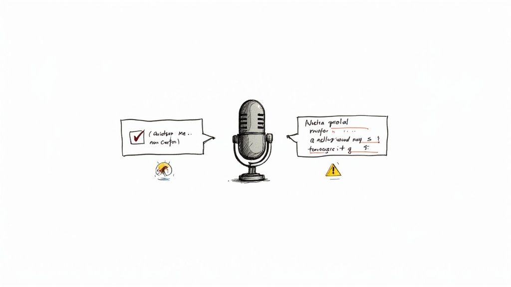 A person speaking into a smartphone, with sound waves transforming into text bubbles, illustrating the voice-to-text process.