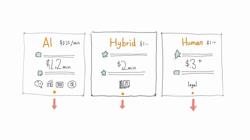 A person typing on a laptop with charts and graphs in the background, representing the cost of transcription services.