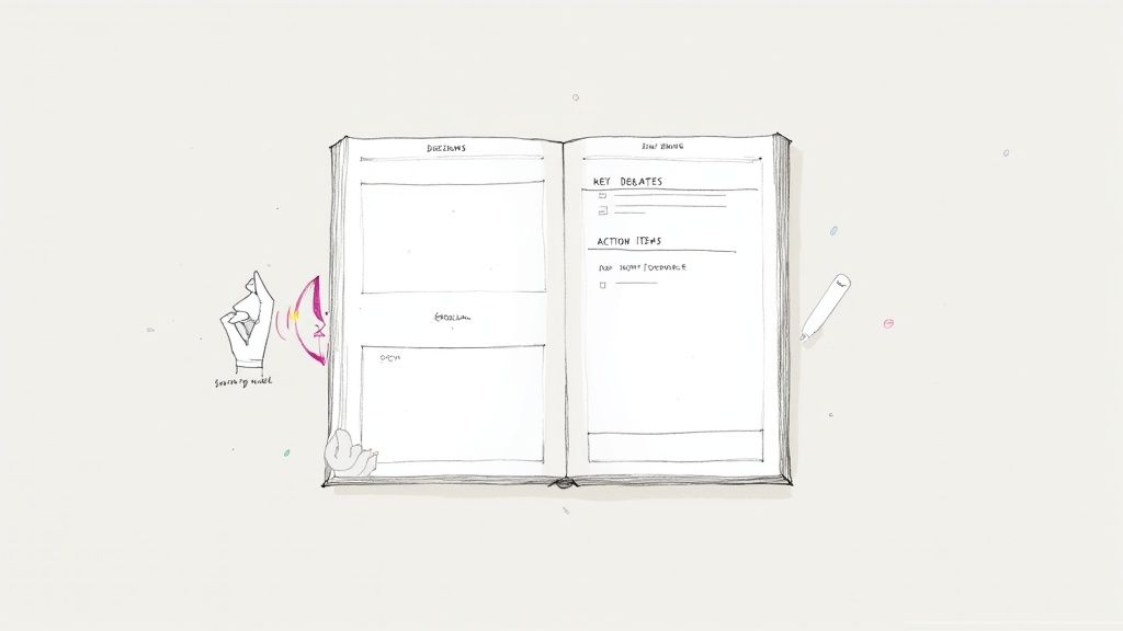 A person actively listening and taking notes during a busy meeting, focusing on capturing essential details.