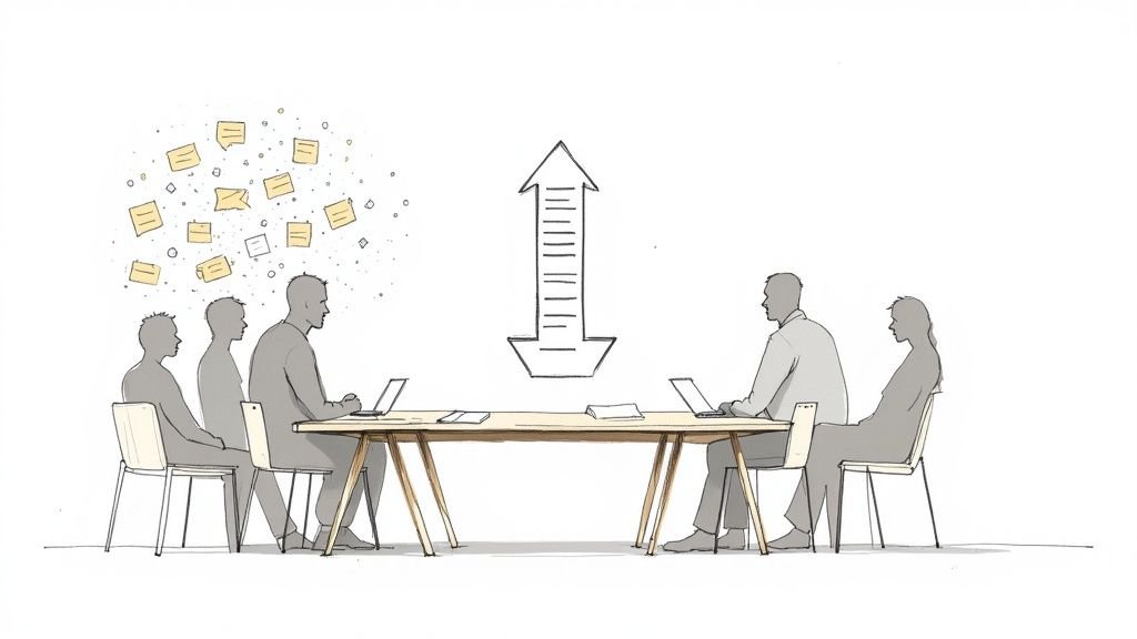 A professional setting where one person is actively taking notes during a team discussion, illustrating the importance of meeting minutes.