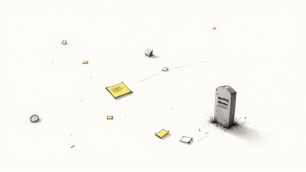 A person at a desk reviewing documents, highlighting the importance of clear meeting minutes.