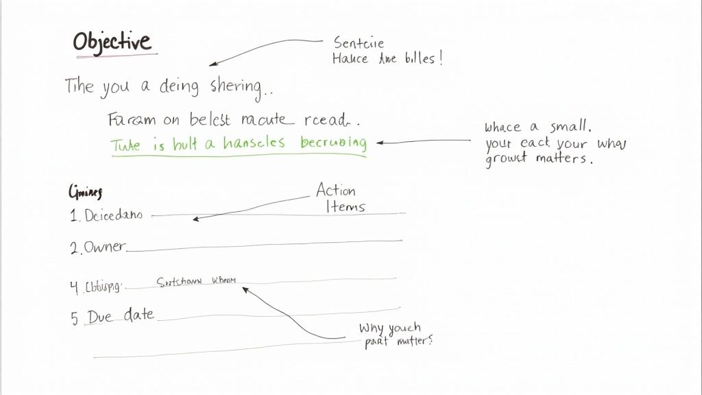 A close-up of a document showing a sample of meeting minutes with action items.